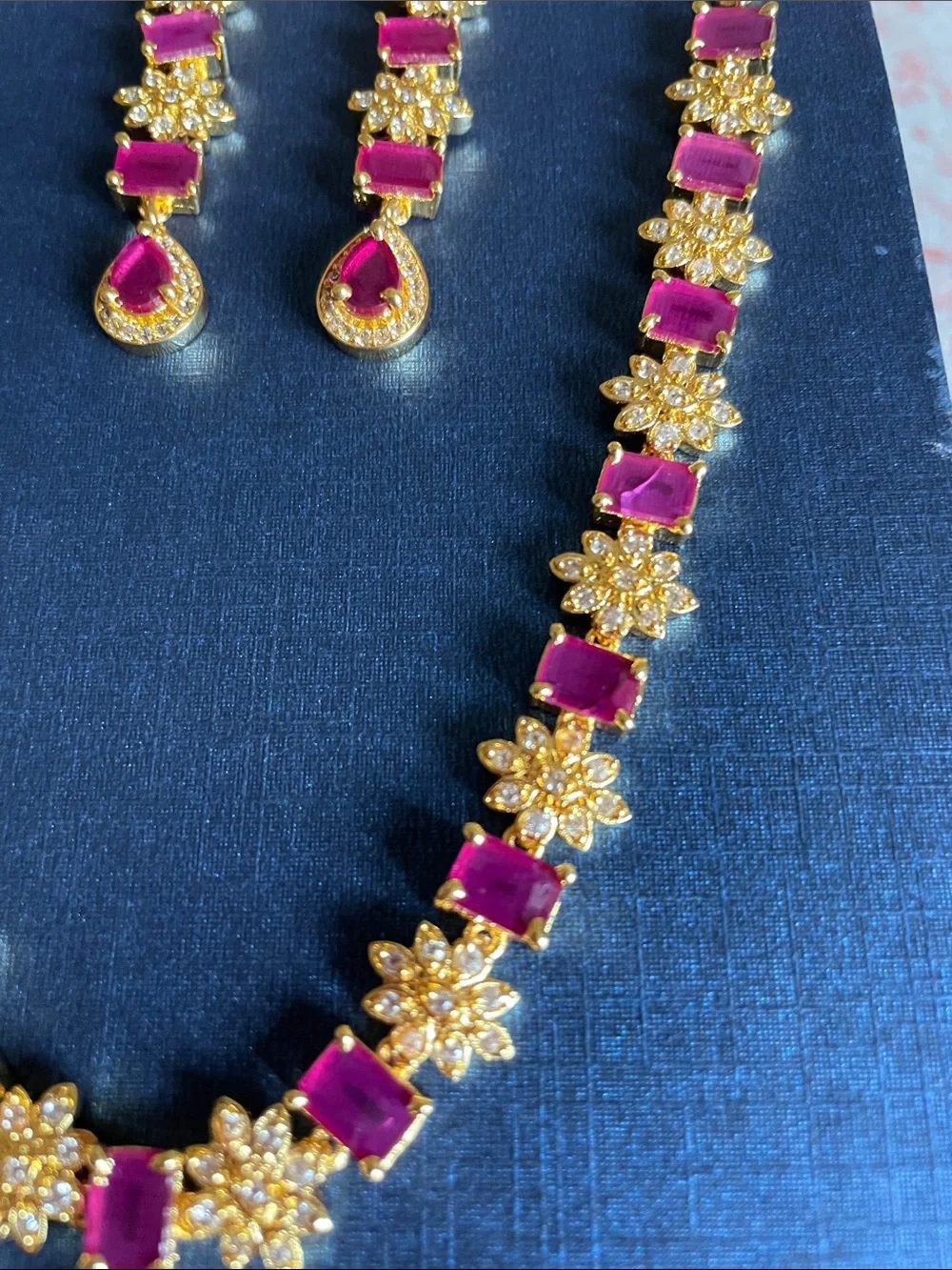 Gold-Plated Necklace and Earring Set with Pink Gemstones